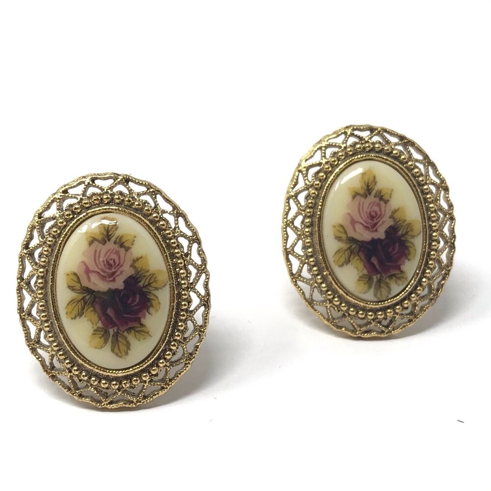 Romantic Floral Oval Enamel Earrings Gold-tone Clip-On Vintage